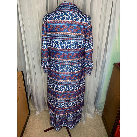 maxi dress with patterned yoke boho with coat 70s Vintage white blue red - Picture 8 of 16